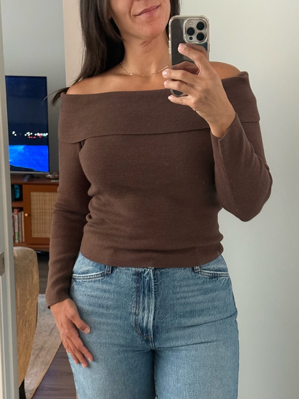 LOFT a Off-Shoulder Brown Knit Sweater